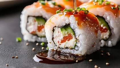 Delicious sushi rolls garnished with a drizzle of sauce and herbs, showcasing fresh ingredients and vibrant colors, perfect for any food lover or gourmet enthusiast.