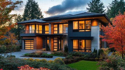 Modern home with large windows surrounded by vibrant autumn foliage.