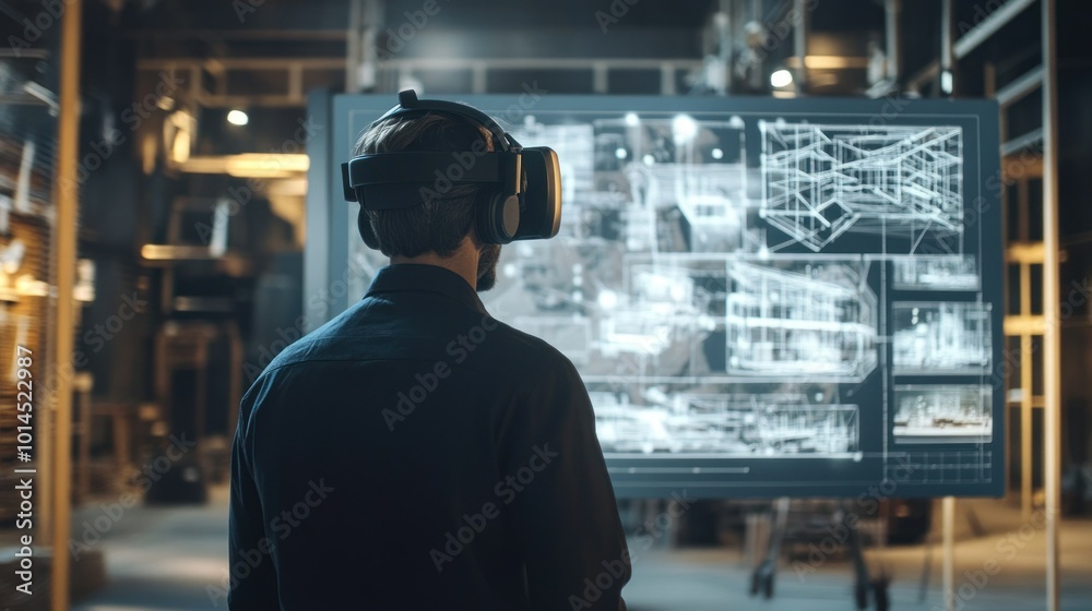Poster a man wearing vr headset viewing architectural design on a large screen