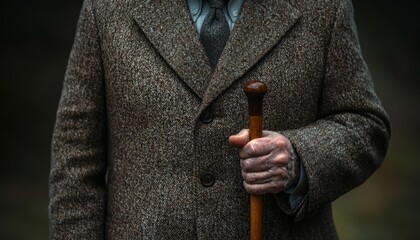 Elderly Man in a Coat with a Cane, Focus on Hand