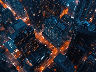 Aerial top view of downtown district buildings in night city light.