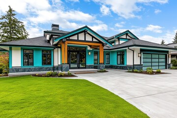 Architectural design of a house with bright teal accents, traditional flair, featuring basalt and maple details, oversized windows, porcelain roof trim, a concrete driveway, and green grass