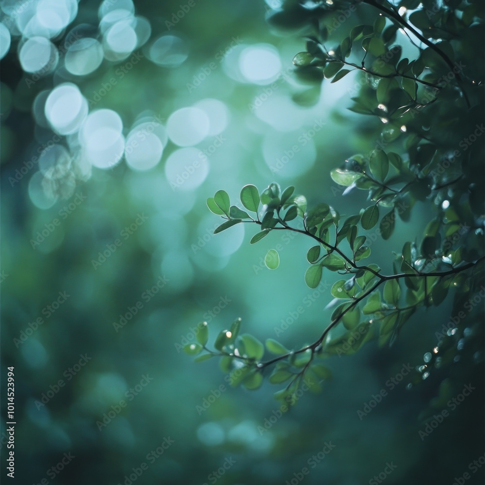 Poster A Branch of Green Leaves with a Bokeh Background