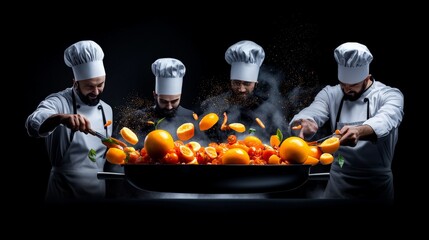 Orange Burst: A team of passionate chefs, clad in pristine white attire, creates a culinary masterpiece. The air is thick with the aroma of citrus, as fresh oranges burst from the pan.
