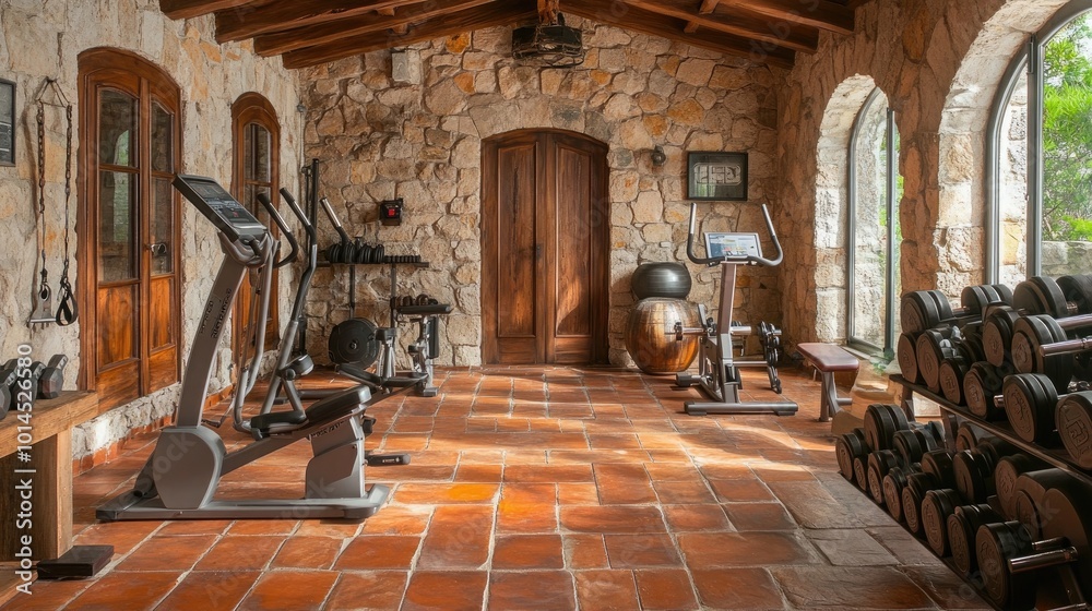 Wall mural a mediterranean-style home gym with natural stone walls