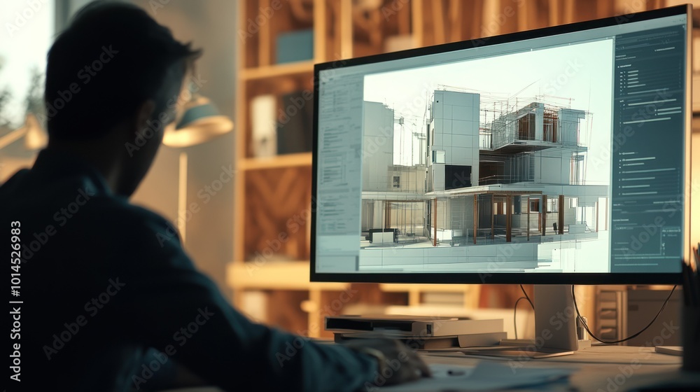 Poster Architect Designing a Modern House on a Computer Screen