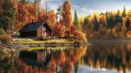 Fototapeta premium Cozy Cabin on Lake with Vibrant Autumn Foliage