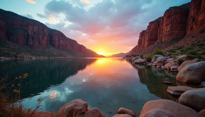 A tranquil sunset over a river with towering cliffs