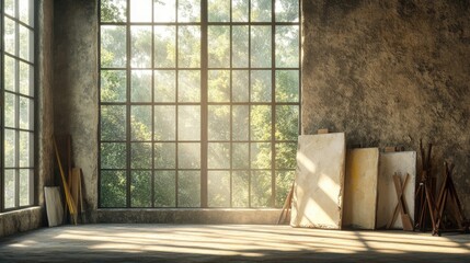 A Mediterranean artist's studio with natural light pouring in through large windows