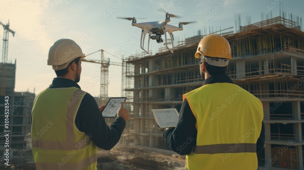 Poster Construction Workers Inspecting a Building Site with a Drone