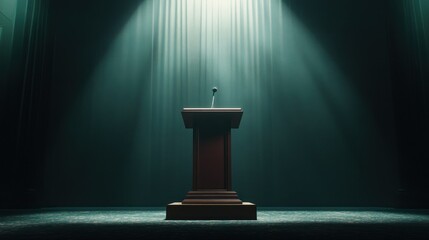 A Wooden Podium with a Single Microphone Under a Spotlight in a Dark Room