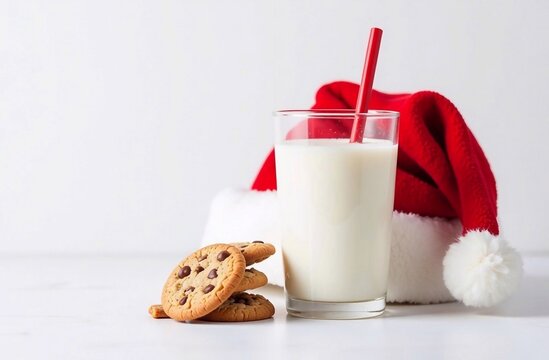 Santa hat on white background, glass of milk with cookies