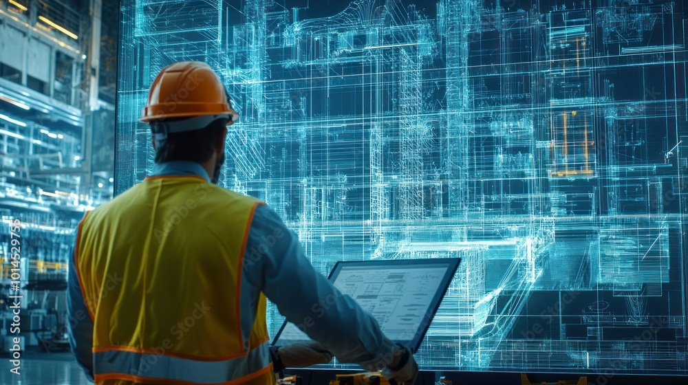 Poster industrial worker examining digital blueprint on large screen