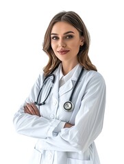 Fototapeta premium Portrait of successful female doctor, standing with arms crossed, isolated on white background.
