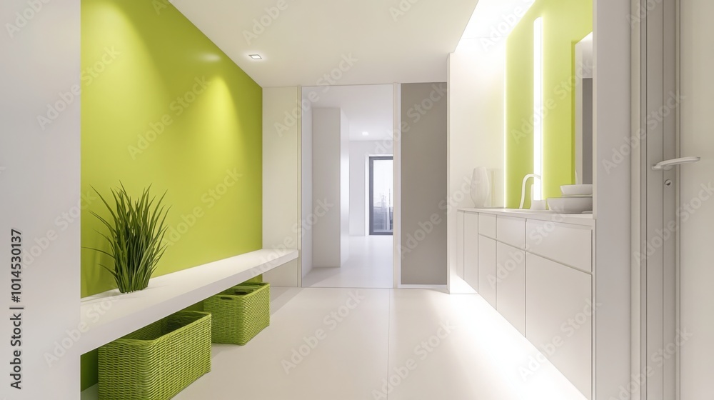 Poster A spacious hallway showcases bright green walls with a sleek white bench and storage baskets. The clean lines and minimalistic design create a fresh and inviting atmosphere.