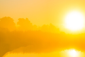 Landscape in morning mist at sunrise,  Almere, Flevoland, The Netherlands, October 5, 2024