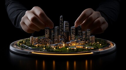 Cityscape in the Palm of Your Hand: A pair of hands delicately manipulate a miniature cityscape, illuminated by warm, glowing lights.