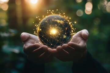 Fototapeta premium Businessman holding a glowing globe with network connections in his hands