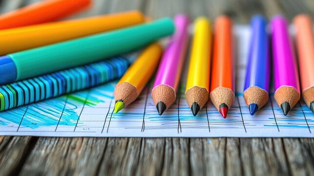 Close up of colorful pencils on a sheet of paper with a blue grid.