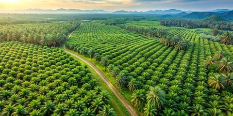 Bird's-eye view of oil palm tree farms illustrating the environmental harm caused to tropical rainforests by the