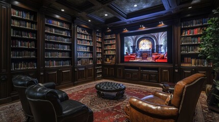 A Mediterranean media room disguised as an old-world library