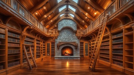 Fototapeta premium A Mediterranean library with floor-to-ceiling wooden shelves