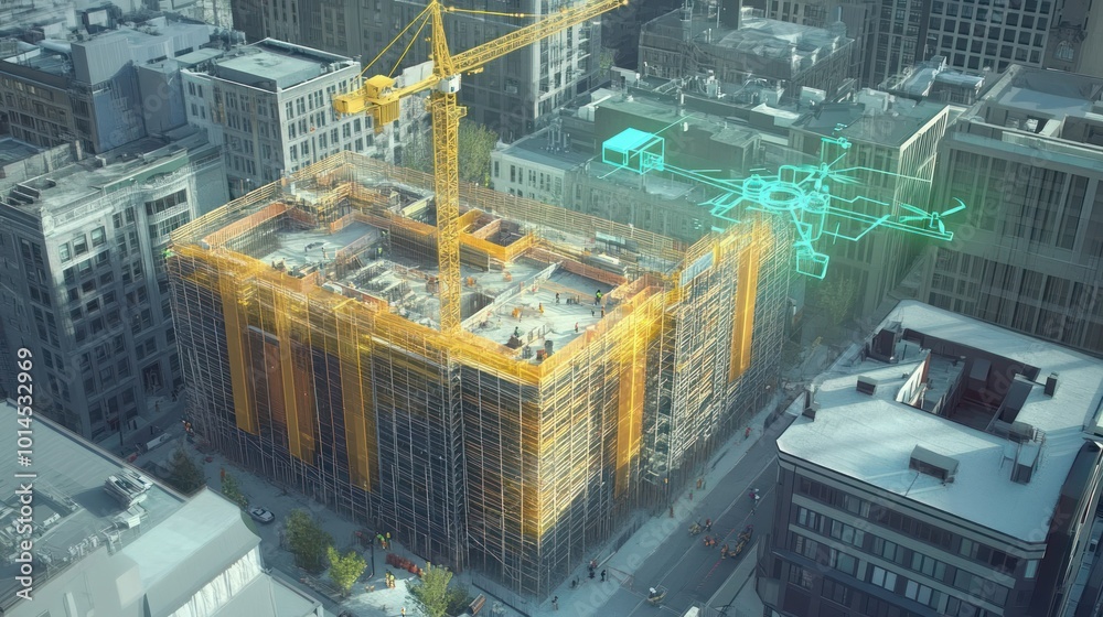 Aufkleber aerial view of a construction site with scaffolding and crane in a cityscape