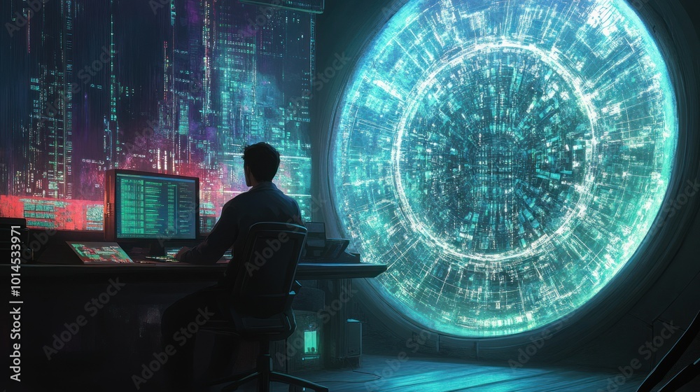 Poster A lone figure sits at a computer in a futuristic room with a large circular window revealing a glowing city.