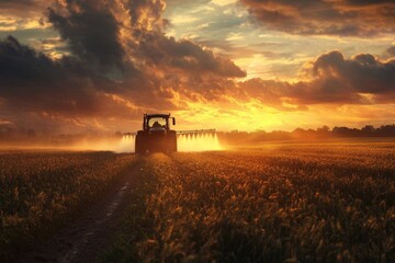 Fototapeta premium Farmer spraying wheat field with tractor at sunset