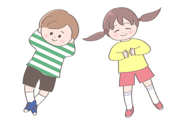 寝転んでいる男の子と女の子のイラスト