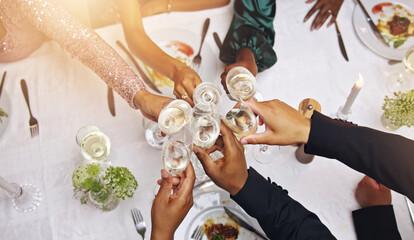 Hands, dinner and toast champagne at party for celebration, goals and above for success with team...