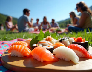 Group Picnic with Assorted Sushi Rolls Outdoors on a Sunny Day, Japanese Cuisine