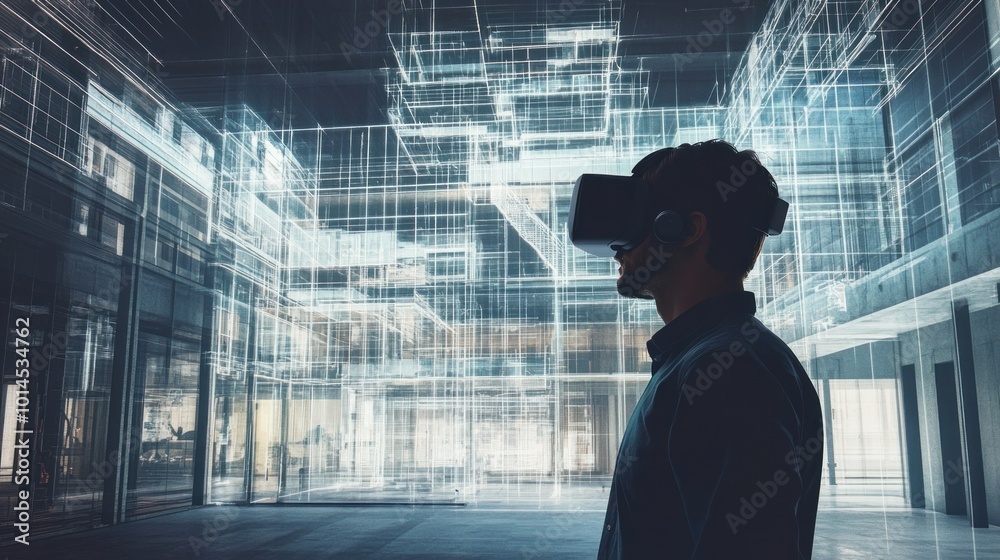 Poster a man wearing vr headset stands in front of a digital building model