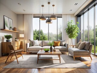 Fototapeta premium Bright natural light illuminates a minimalist living room adorned with modern furniture, showcasing a contemporary