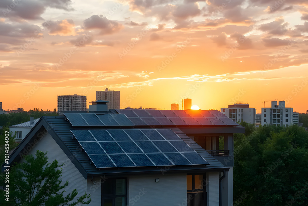 Wall mural a beautiful sunset over a city skyline, with solar panels on the roof of a modern house. the sky is 