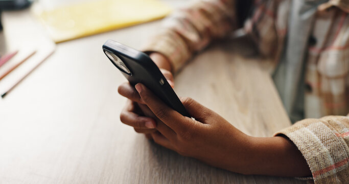 Hands, phone and child for gaming app, social media and streaming video with website and internet. Kid, mobile and table for reading ebook, subscription and development with online education in home