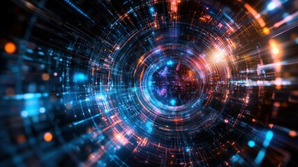 Abstract Digital Tunnel with Neon Lights and Glowing Lines