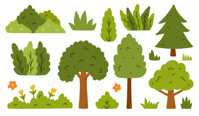 A set of different trees and bushes isolated on a white background. Vector hand-drawn illustration in a flat style. Perfect for cards, decorations, logo, various designs.