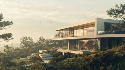 Obraz premium Modern house on a hillside, surrounded by nature and soft lighting.