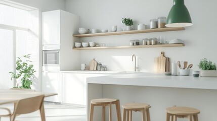 A spacious modern kitchen features a clean design with white cabinets and open wooden shelving. Natural light floods the area, highlighting plants and minimalist decor, creating a serene ambiance.