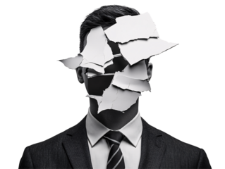 a man with torn paper over his face