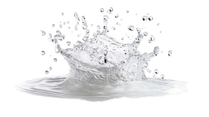 High-speed close-up of a water splash creating dynamic ripples and droplets in clear liquid, isolated on white background – perfect for nature, freshness, and purity concepts.