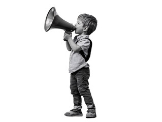 a boy speaking into a megaphone