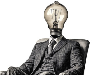 a man sitting in a chair with a light bulb head