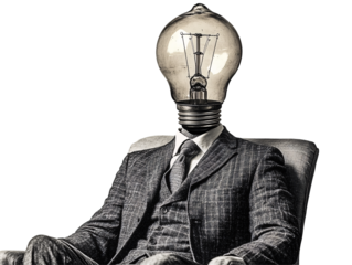 a man sitting in a chair with a light bulb head
