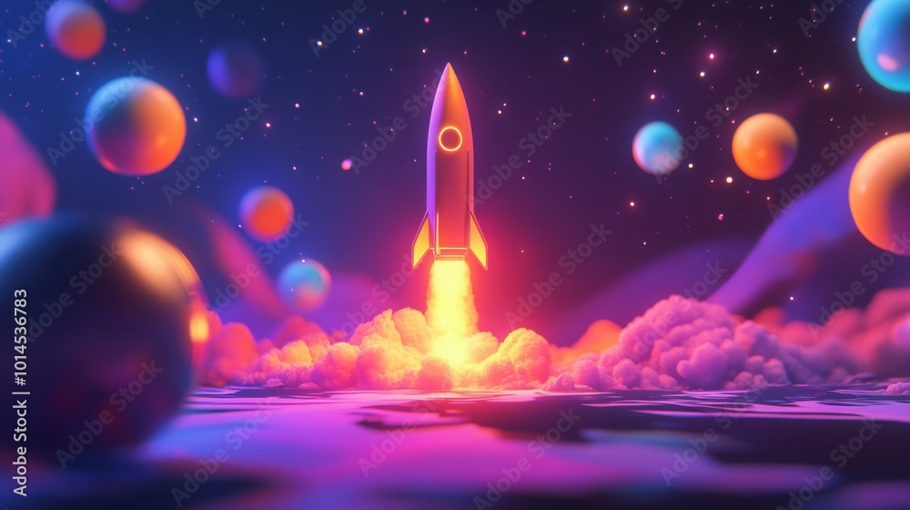 Poster the rocket ascends into the starry expanse, leaving a trail of bright flames while surrounded by swi