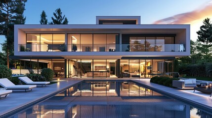 Obraz premium Luxury modern house with pool, evening.