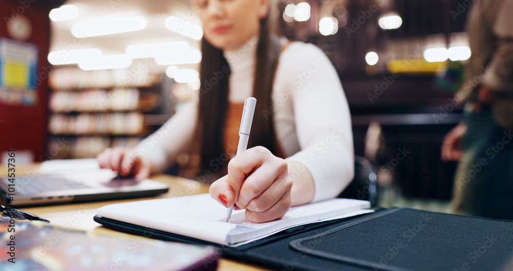 Poster hands, writing and notebook with student in library for knowledge, education and college thesis. aca