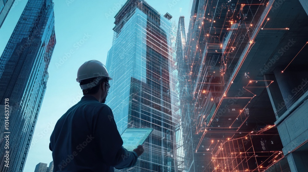 Poster construction worker examining digital building plans in front of skyscraper