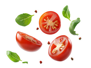a tomato cut in half with leaves